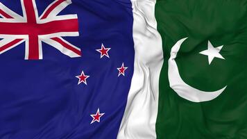Pakistan and New Zealand Flags Together Seamless Looping Background, Looped Bump Texture Cloth Waving Slow Motion, 3D Rendering video