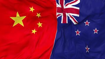 China and New Zealand Flags Together Seamless Looping Background, Looped Bump Texture Cloth Waving Slow Motion, 3D Rendering video