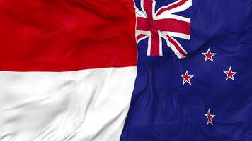 Indonésia e Novo zelândia bandeiras juntos desatado looping fundo, em loop colisão textura pano acenando lento movimento, 3d Renderização video