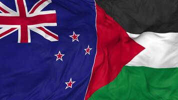 Palestine and New Zealand Flags Together Seamless Looping Background, Looped Bump Texture Cloth Waving Slow Motion, 3D Rendering video