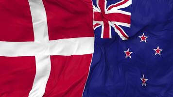 Denmark and New Zealand Flags Together Seamless Looping Background, Looped Bump Texture Cloth Waving Slow Motion, 3D Rendering video