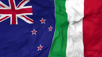 Italy and New Zealand Flags Together Seamless Looping Background, Looped Bump Texture Cloth Waving Slow Motion, 3D Rendering video