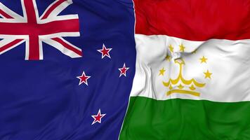 Tajikistan and New Zealand Flags Together Seamless Looping Background, Looped Bump Texture Cloth Waving Slow Motion, 3D Rendering video