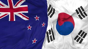 South Korea and New Zealand Flags Together Seamless Looping Background, Looped Bump Texture Cloth Waving Slow Motion, 3D Rendering video