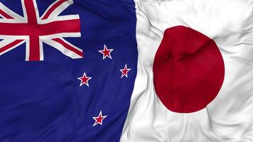 Japan and New Zealand Flags Together Seamless Looping Background, Looped Bump Texture Cloth Waving Slow Motion, 3D Rendering video