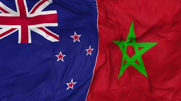 Morocco and New Zealand Flags Together Seamless Looping Background, Looped Bump Texture Cloth Waving Slow Motion, 3D Rendering video