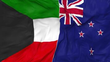 Kuwait e nuovo Zelanda bandiere insieme senza soluzione di continuità looping sfondo, loop urto struttura stoffa agitando lento movimento, 3d interpretazione video