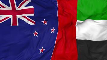 United Arab Emirates and New Zealand Flags Together Seamless Looping Background, Looped Bump Texture Cloth Waving Slow Motion, 3D Rendering video