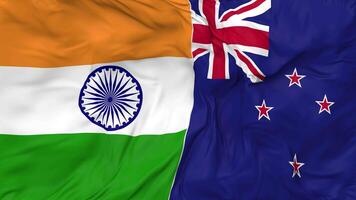 India and New Zealand Flags Together Seamless Looping Background, Looped Bump Texture Cloth Waving Slow Motion, 3D Rendering video