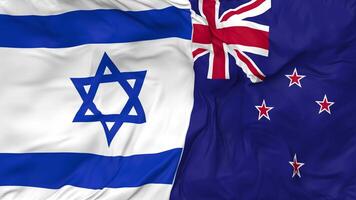 Israel and New Zealand Flags Together Seamless Looping Background, Looped Bump Texture Cloth Waving Slow Motion, 3D Rendering video