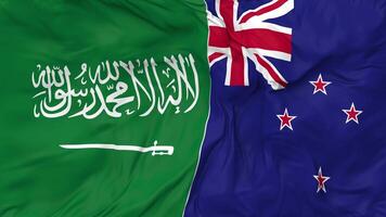 KSA, Kingdom of Saudi Arabia and New Zealand Flags Together Seamless Looping Background, Looped Bump Texture Cloth Waving Slow Motion, 3D Rendering video