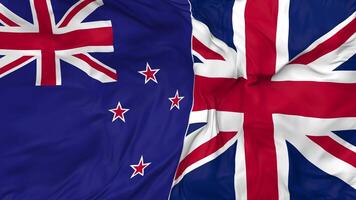 Verenigde koninkrijk en nieuw Zeeland vlaggen samen naadloos looping achtergrond, lusvormige buil structuur kleding golvend langzaam beweging, 3d renderen video