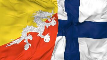 Bhutan and Finland Flags Together Seamless Looping Background, Looped Bump Texture Cloth Waving Slow Motion, 3D Rendering video