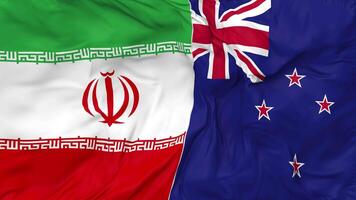 Iran and New Zealand Flags Together Seamless Looping Background, Looped Bump Texture Cloth Waving Slow Motion, 3D Rendering video