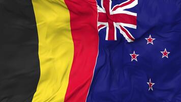 Belgium and New Zealand Flags Together Seamless Looping Background, Looped Bump Texture Cloth Waving Slow Motion, 3D Rendering video