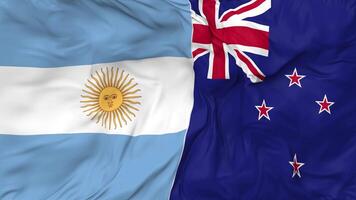 Argentina and New Zealand Flags Together Seamless Looping Background, Looped Bump Texture Cloth Waving Slow Motion, 3D Rendering video