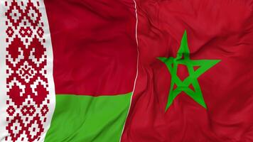 Marruecos y bielorrusia banderas juntos sin costura bucle fondo, serpenteado bache textura paño ondulación lento movimiento, 3d representación video