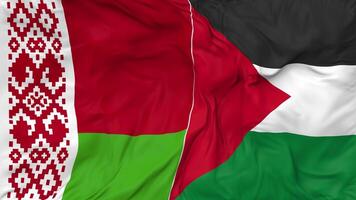 Palestine and Belarus Flags Together Seamless Looping Background, Looped Bump Texture Cloth Waving Slow Motion, 3D Rendering video