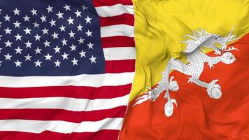 United States and Bhutan Flags Together Seamless Looping Background, Looped Bump Texture Cloth Waving Slow Motion, 3D Rendering video