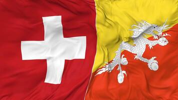 Switzerland and Bhutan Flags Together Seamless Looping Background, Looped Bump Texture Cloth Waving Slow Motion, 3D Rendering video