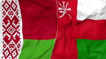 Oman and Belarus Flags Together Seamless Looping Background, Looped Bump Texture Cloth Waving Slow Motion, 3D Rendering video