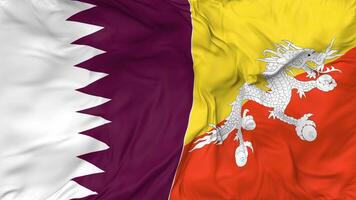 Qatar e bhutan bandiere insieme senza soluzione di continuità looping sfondo, loop urto struttura stoffa agitando lento movimento, 3d interpretazione video