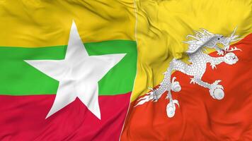 Myanmar, Burma and Bhutan Flags Together Seamless Looping Background, Looped Bump Texture Cloth Waving Slow Motion, 3D Rendering video