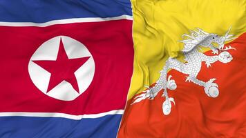 North Korea and Bhutan Flags Together Seamless Looping Background, Looped Bump Texture Cloth Waving Slow Motion, 3D Rendering video