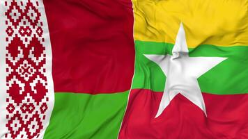 Myanmar, Burma and Belarus Flags Together Seamless Looping Background, Looped Bump Texture Cloth Waving Slow Motion, 3D Rendering video