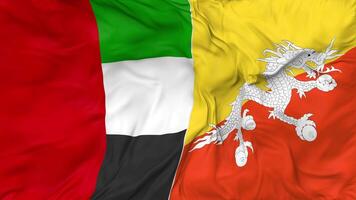United Arab Emirates and Bhutan Flags Together Seamless Looping Background, Looped Bump Texture Cloth Waving Slow Motion, 3D Rendering video