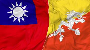 Taiwán y Bután banderas juntos sin costura bucle fondo, serpenteado bache textura paño ondulación lento movimiento, 3d representación video
