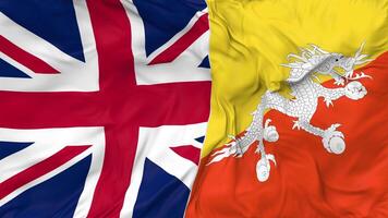 United Kingdom and Bhutan Flags Together Seamless Looping Background, Looped Bump Texture Cloth Waving Slow Motion, 3D Rendering video