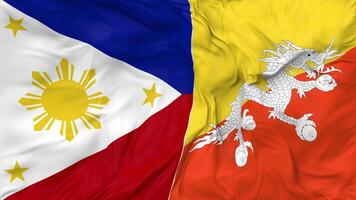 Philippines and Bhutan Flags Together Seamless Looping Background, Looped Bump Texture Cloth Waving Slow Motion, 3D Rendering video