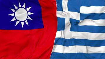 Taiwan and Greece Flags Together Seamless Looping Background, Looped Bump Texture Cloth Waving Slow Motion, 3D Rendering video