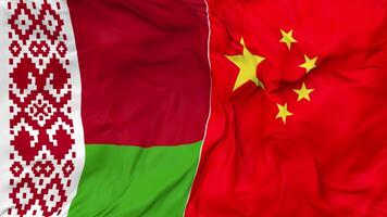 China and Belarus Flags Together Seamless Looping Background, Looped Bump Texture Cloth Waving Slow Motion, 3D Rendering video