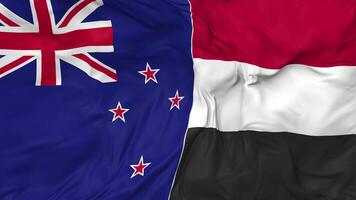 Yemen and New Zealand Flags Together Seamless Looping Background, Looped Bump Texture Cloth Waving Slow Motion, 3D Rendering video