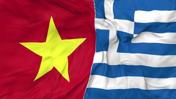 Vietnam e Grecia bandiere insieme senza soluzione di continuità looping sfondo, loop urto struttura stoffa agitando lento movimento, 3d interpretazione video