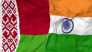 India and Belarus Flags Together Seamless Looping Background, Looped Bump Texture Cloth Waving Slow Motion, 3D Rendering video