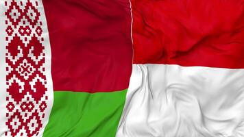 Indonesia and Belarus Flags Together Seamless Looping Background, Looped Bump Texture Cloth Waving Slow Motion, 3D Rendering video