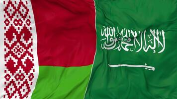 ksa, Reino de saudi arabia y bielorrusia banderas juntos sin costura bucle fondo, serpenteado bache textura paño ondulación lento movimiento, 3d representación video