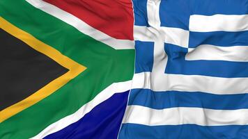 South Africa and Greece Flags Together Seamless Looping Background, Looped Bump Texture Cloth Waving Slow Motion, 3D Rendering video