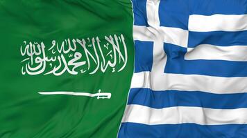 KSA, Kingdom of Saudi Arabia and Greece Flags Together Seamless Looping Background, Looped Bump Texture Cloth Waving Slow Motion, 3D Rendering video