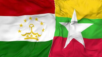 Tajikistan and Myanmar, Burma Flags Together Seamless Looping Background, Looped Bump Texture Cloth Waving Slow Motion, 3D Rendering video