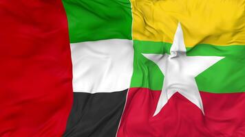 United Arab Emirates and Myanmar, Burma Flags Together Seamless Looping Background, Looped Bump Texture Cloth Waving Slow Motion, 3D Rendering video