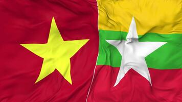 Vietnam and Myanmar, Burma Flags Together Seamless Looping Background, Looped Bump Texture Cloth Waving Slow Motion, 3D Rendering video