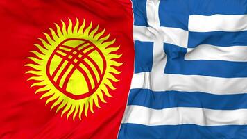 Kyrgyzstan and Greece Flags Together Seamless Looping Background, Looped Bump Texture Cloth Waving Slow Motion, 3D Rendering video