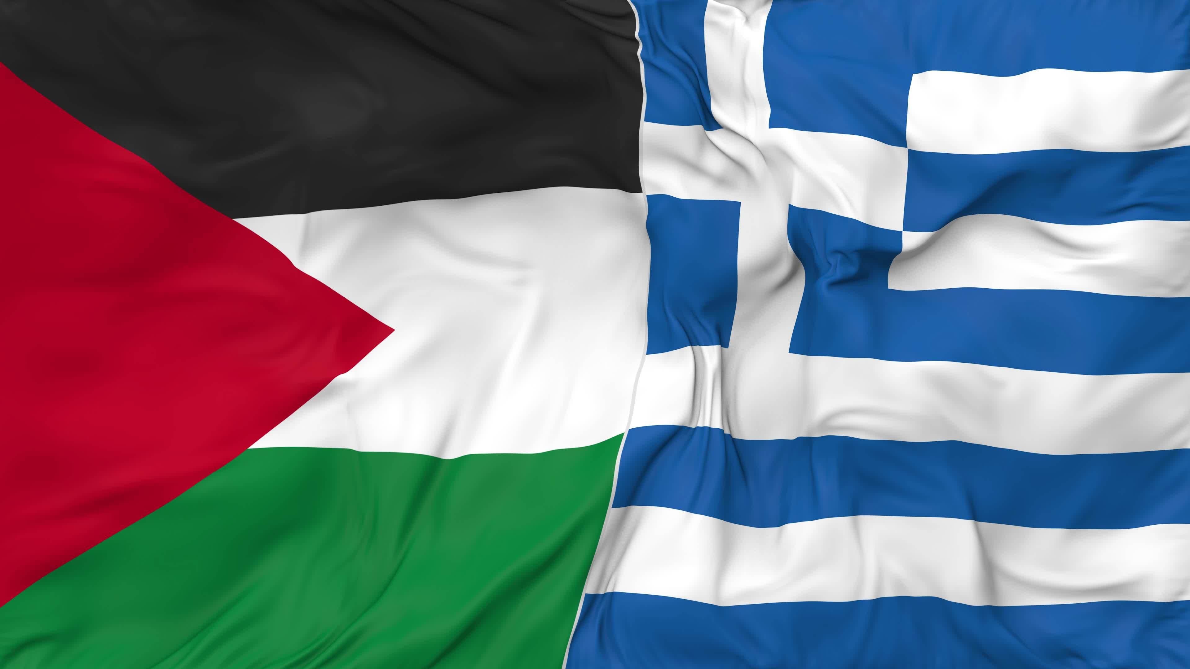 Palestine and Greece Flags Together Seamless Looping Background, Looped Bump Texture Cloth