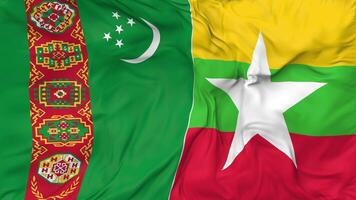 Turkmenistán y myanmar, birmania banderas juntos sin costura bucle fondo, serpenteado bache textura paño ondulación lento movimiento, 3d representación video