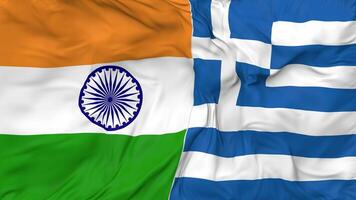 India and Greece Flags Together Seamless Looping Background, Looped Bump Texture Cloth Waving Slow Motion, 3D Rendering video