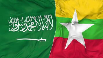 KSA, Kingdom of Saudi Arabia and Myanmar, Burma Flags Together Seamless Looping Background, Looped Bump Texture Cloth Waving Slow Motion, 3D Rendering video